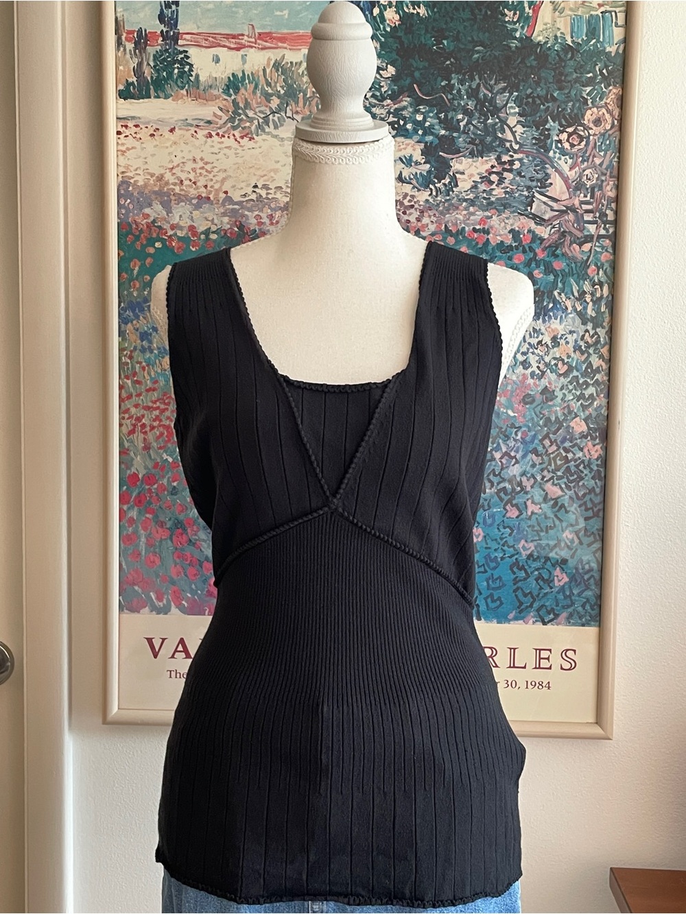 Vintage 90s Nine West Black Ribbed V-Neck Tank Top Minimalist Classic Capsule